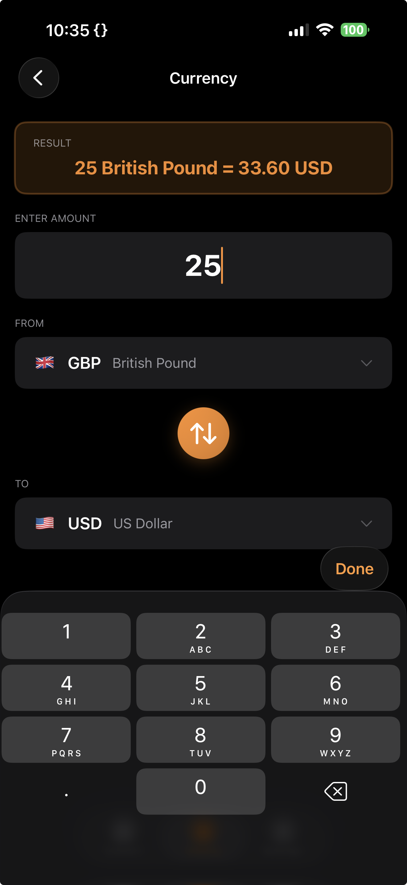 Currency conversion screen showing 25 British Pounds converting to 33.60 US Dollars
