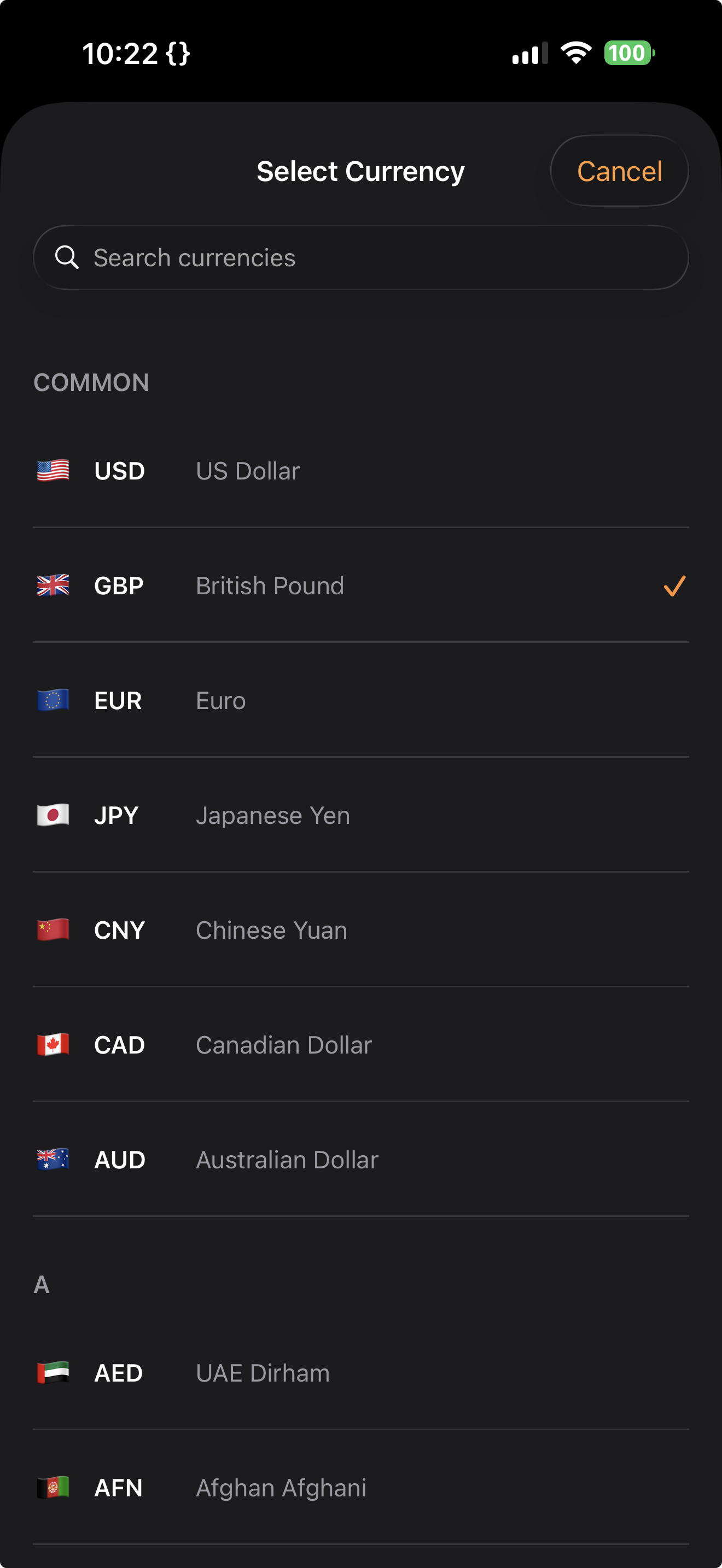 Unit picker showing organized metric and imperial sections