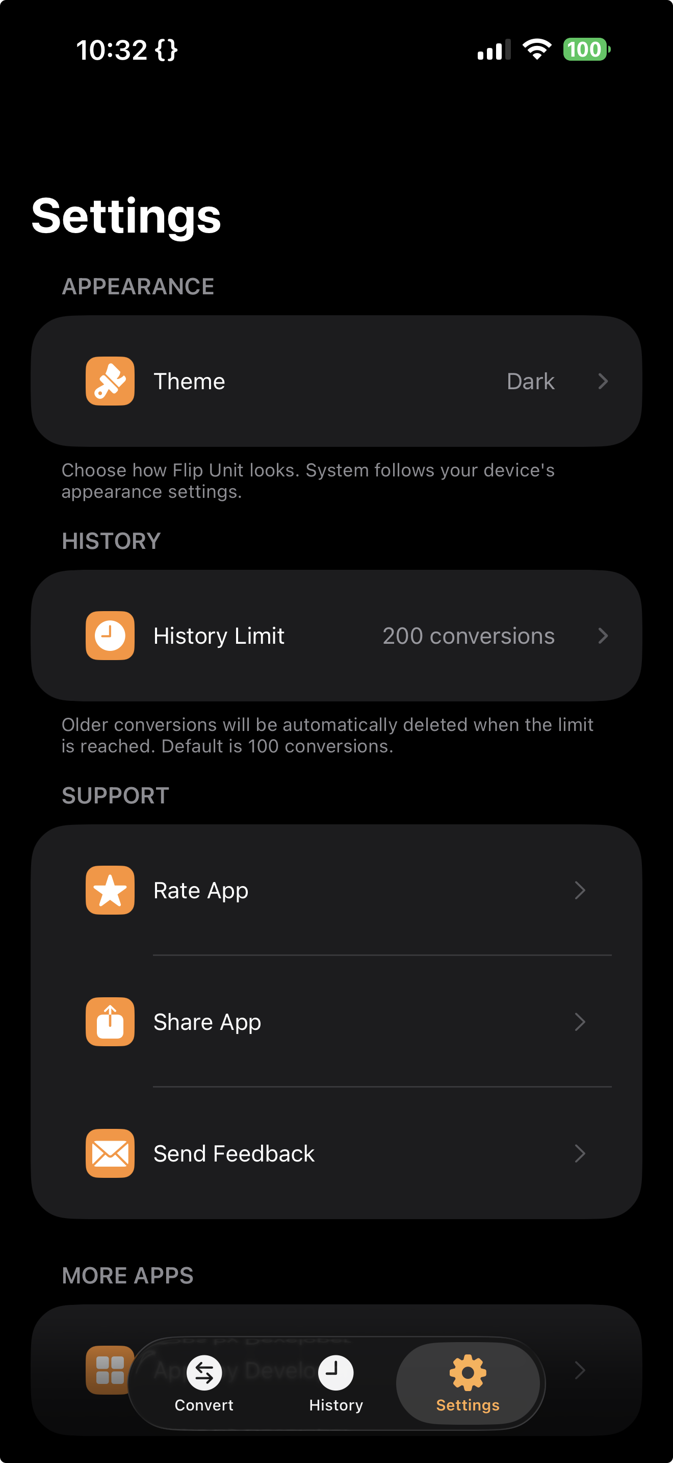 Settings screen with theme and history options