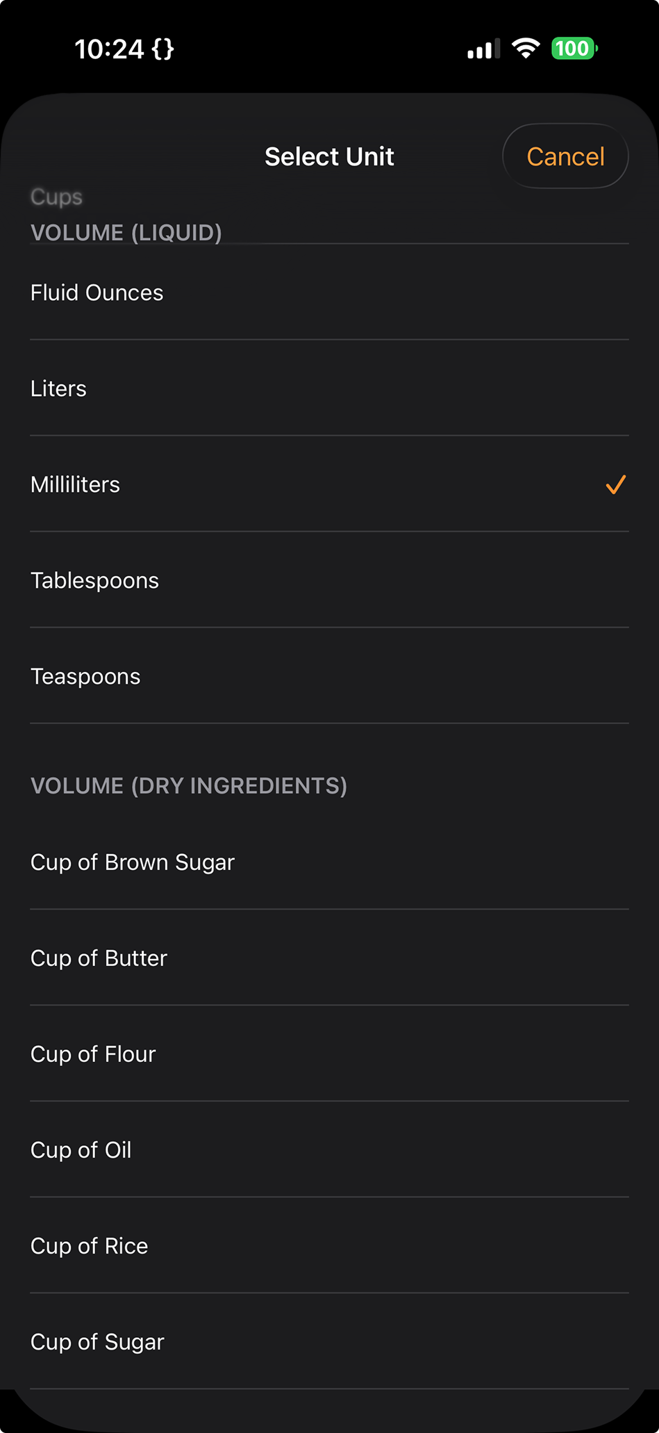 Cooking unit picker organized into liquid and dry ingredient sections including Cup of Flour, Cup of Sugar, and Cup of Butter