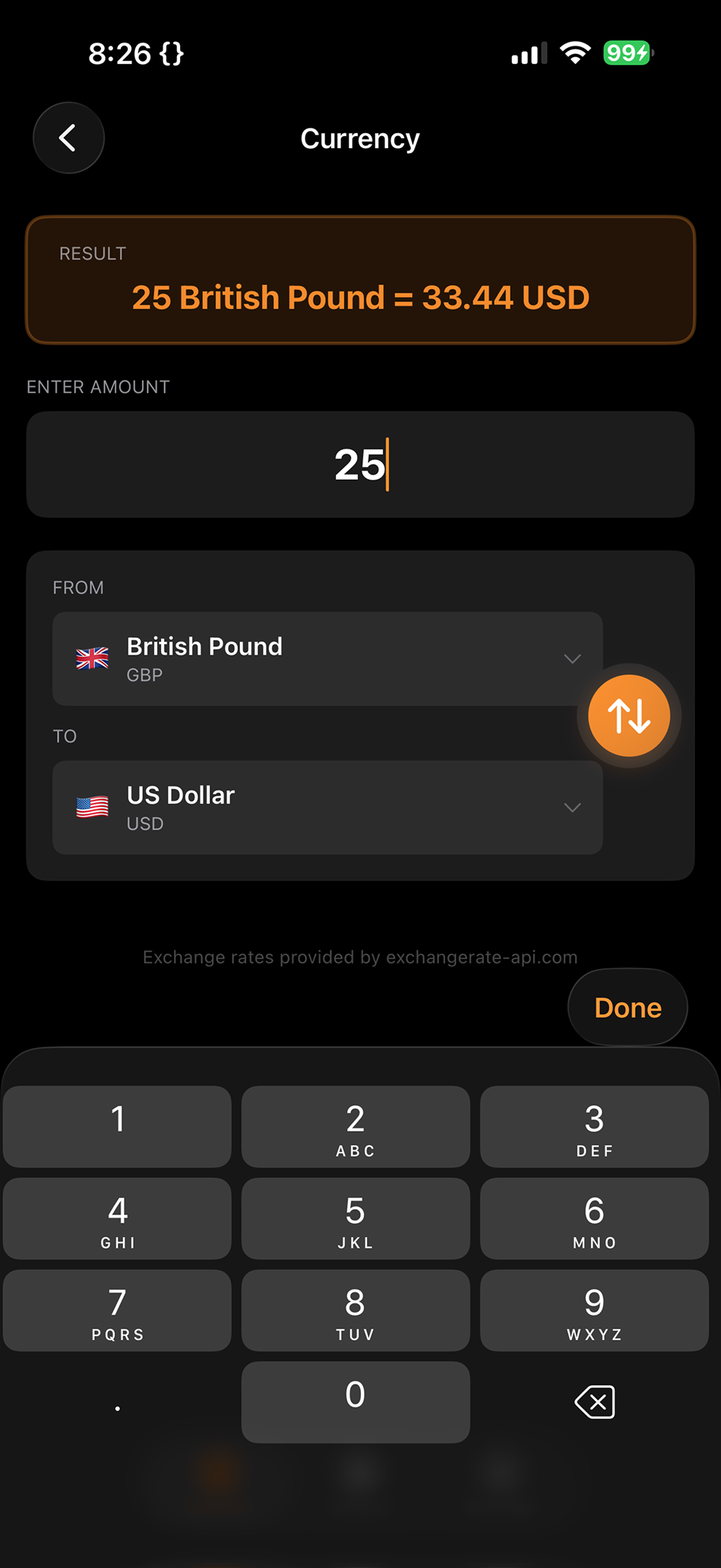 Currency conversion showing 25 British Pounds equals 33.44 US Dollars with a numeric keypad