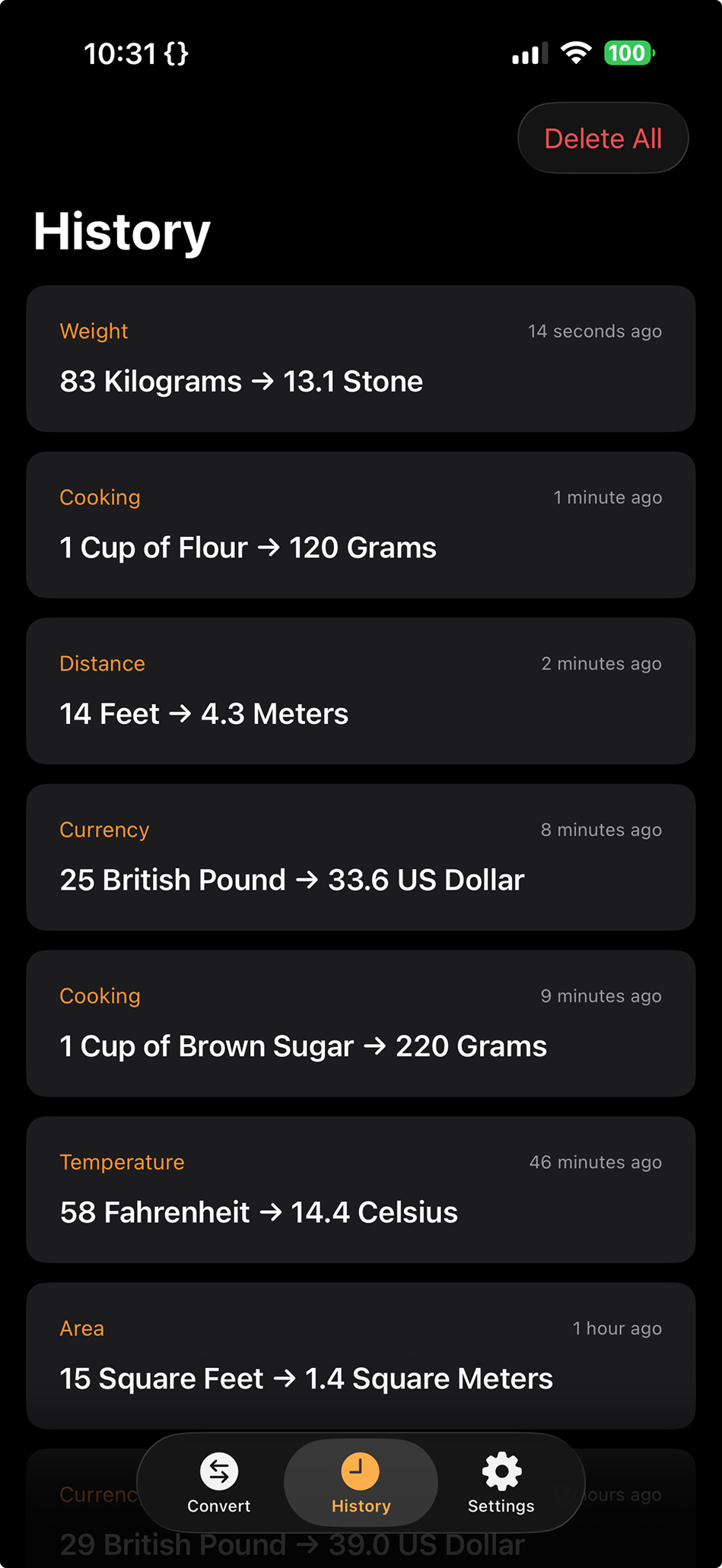 Conversion history showing recent conversions across Weight, Cooking, Distance, Currency, and Temperature