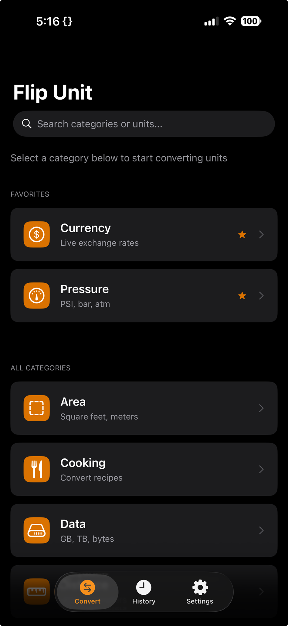 Flip Unit on iPhone showing the home screen with twelve conversion categories
