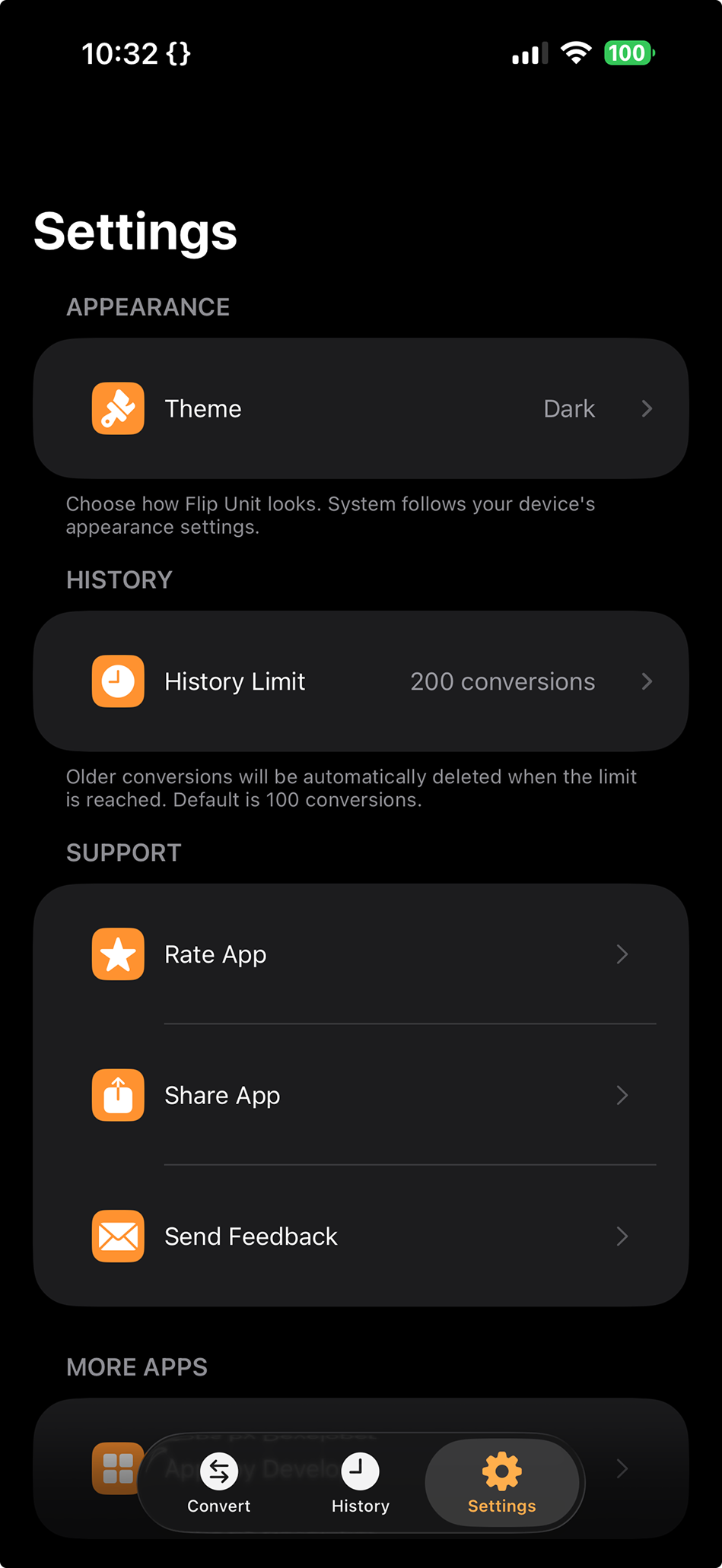 Settings screen with Theme, History Limit, and Rate App, Share App, and Send Feedback options