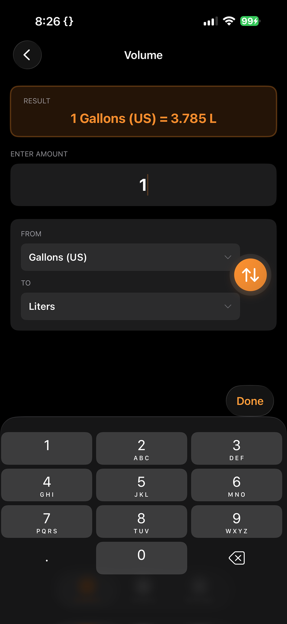 Volume conversion showing 1 US Gallon equals 3.785 liters