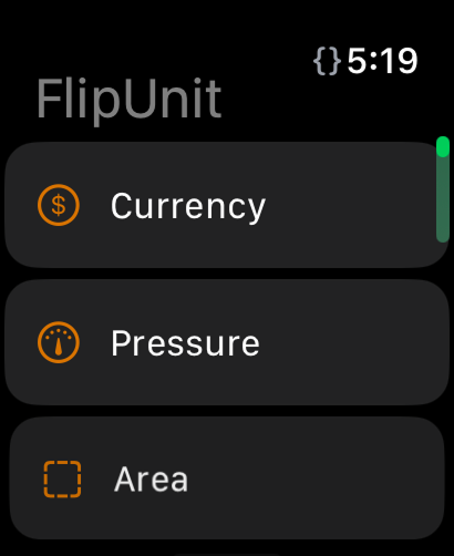 Apple Watch home screen showing the Flip Unit categories list with Currency, Pressure, and Area
