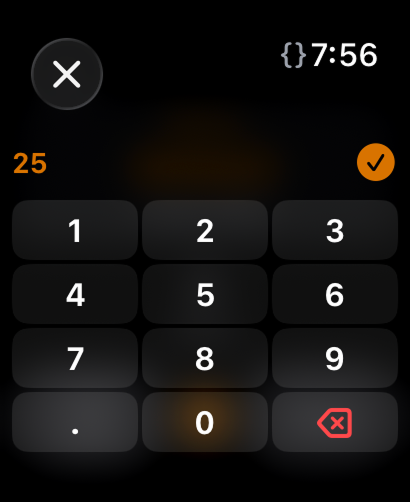 Apple Watch numeric keypad with the value 25 entered