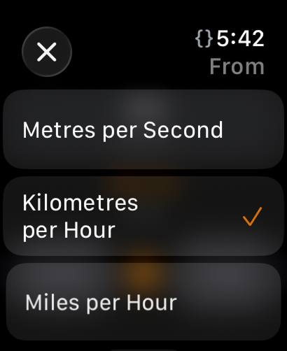 Apple Watch unit picker showing Metres per Second, Kilometres per Hour, and Miles per Hour with Kilometres per Hour selected