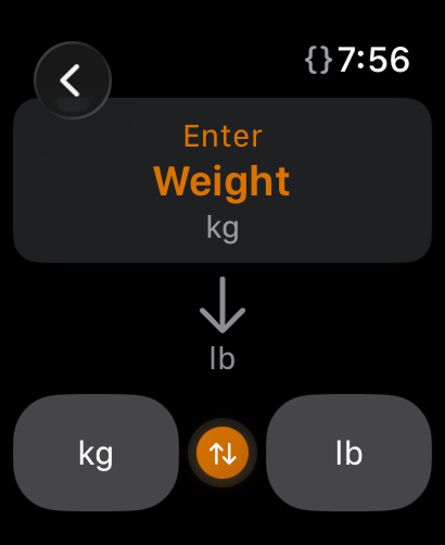 Flip Unit on Apple Watch entering a weight conversion from kilograms to pounds