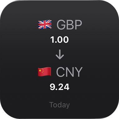 Currency widget showing 1 British Pound equals 9.24 Chinese Yuan, updated today