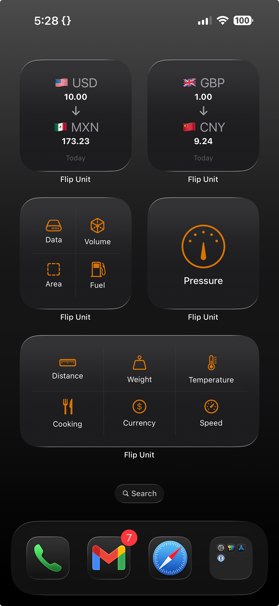 iPhone Home Screen showing all five Flip Unit widgets installed: two currency widgets at the top, a four-category launcher and the Pressure single-category launcher in the middle, and the six-category launcher at the bottom