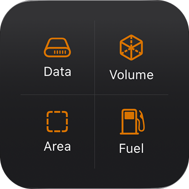 Four-category widget showing Data, Volume, Area, and Fuel launchers in a two-by-two grid