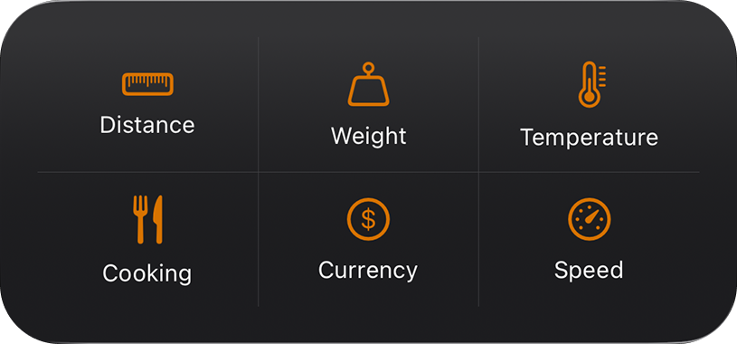 Six-category widget showing Distance, Weight, Temperature, Cooking, Currency, and Speed launchers in a three-by-two grid